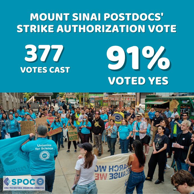 Overwhelming Strike Vote by SPOCUAW Postdocs at Mt. Sinai New York