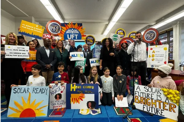 Climate Jobs NY, NYC CLC Affiliated Unions, School Officials, & Students gather to celebrate the enacting of a local law to install solar panels on public buildings.