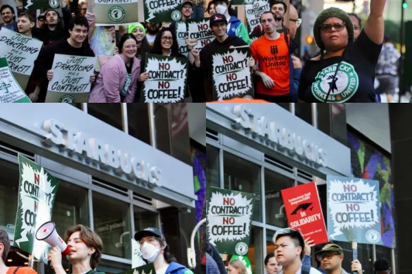 Starbucks Workers and Allies Rally for a Contract at 2 Broadway