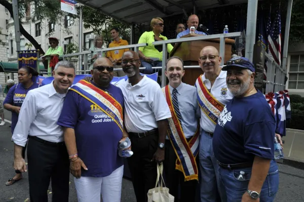 George Gresham, Grand Marshal of the 2015 NYC Labor Day Parade stands with Mario Cilento, Lester Crockett, Vincent Alvarez, George Miranda, Nick LaMorte