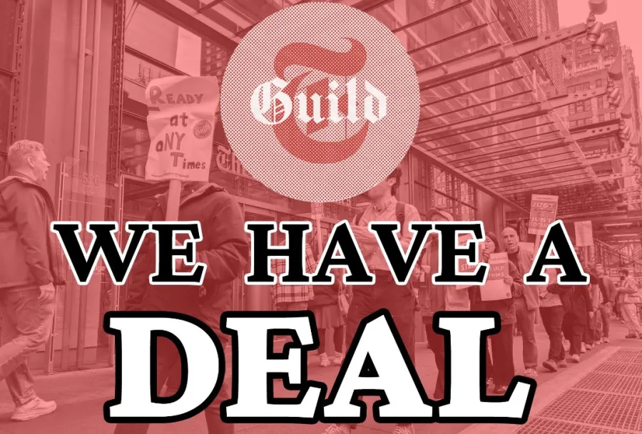 a red graphic with the NYTimes Tech Guild logo and the words "We Have A Deal."