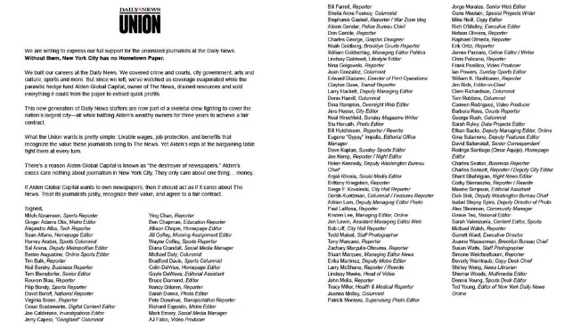 130 Former Daily News Journalists Sign Petition Expressing Full Support for Newsroom Union