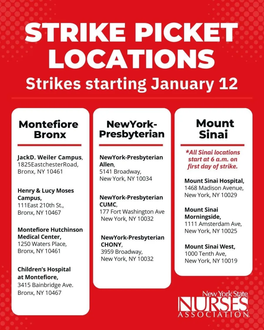 Strike Picket Locations: Strike Picket Locations for NYC Nurses Strike Beginning January 12 MONTE/BRONX Montefiore Bronx • Jack D. Weiler Campus, 1825 Eastchester Road, Bronx, NY 10461 • Henry & Lucy Moses Campus, 111 East 210th Street, Bronx, NY 10467 • Montefiore Hutchinson Medical Center, 1250 Waters Place, Bronx, NY 10461 • Children’s Hospital at Montefiore, 3415 Bainbridge Avenue, Bronx, NY 10467 MANHATTAN NewYork-Presbyterian • NewYork-Presbyterian Allen, 5141 Broadway, New York, NY 10034 • NewYo