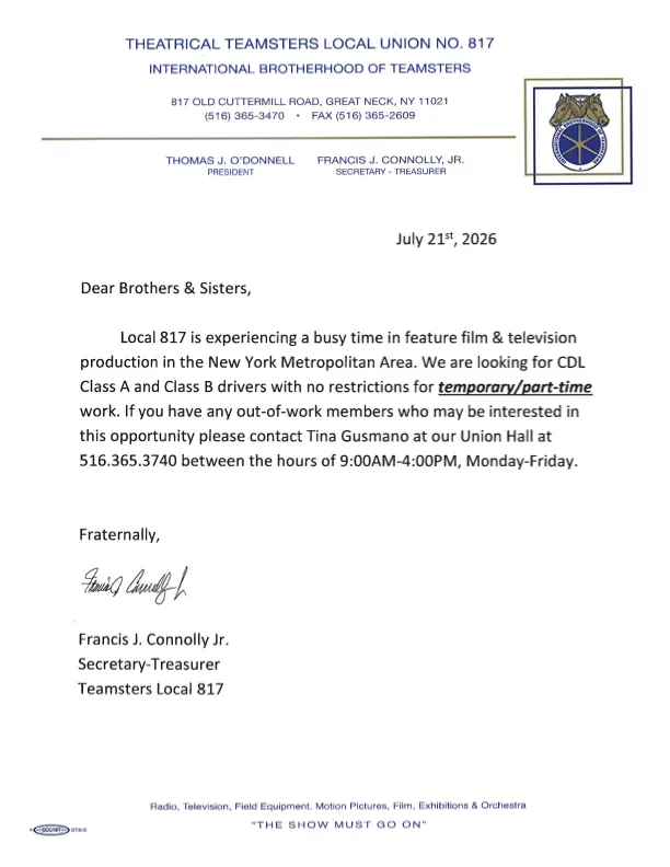 Temporary and Part-Time Employment Opportunities: Theatrical Teamsters Local 817